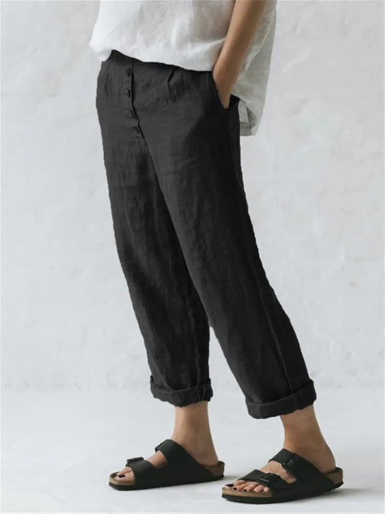 Linen Pocket Button Casual Plus Size Pants - Black