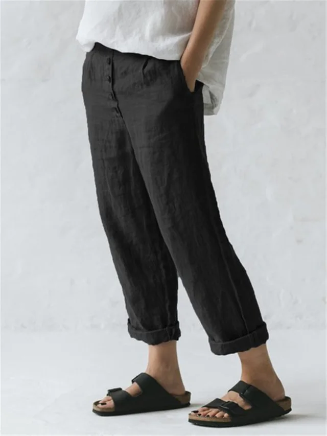 Linen Pocket Button Casual Plus Size Pants Black - Shop at LoveMi