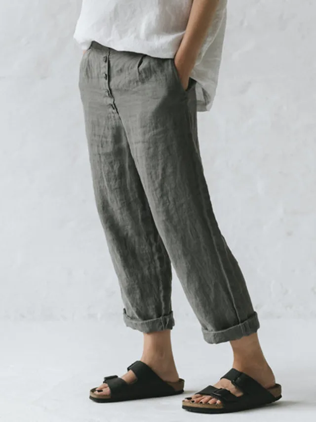 Linen Pocket Button Casual Plus Size Pants Dark Grey - Shop at LoveMi