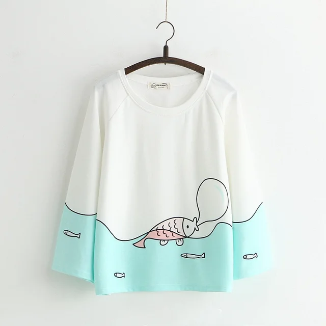 Loose Jinyu Printed Cotton Long Sleeved T Shirt White - Shop at LoveMi