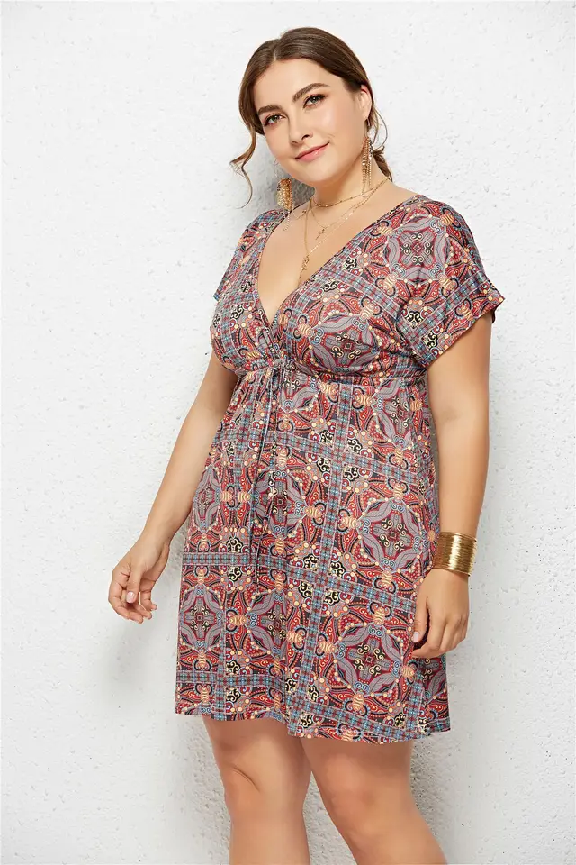Sexy Deep V Neck Elastic Waist Printed Dress 5Style - Shop at LoveMi