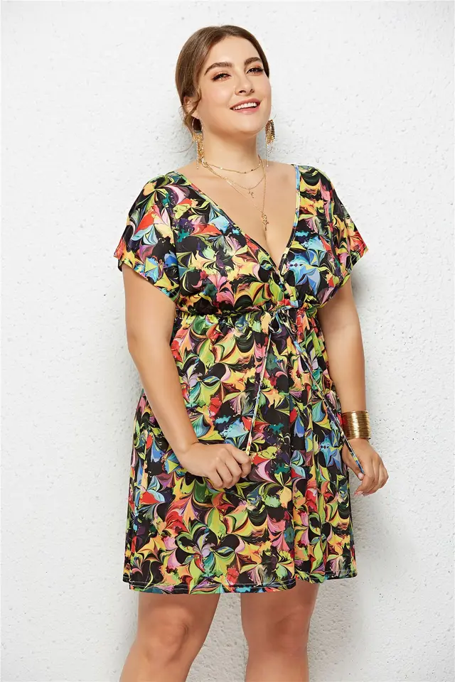 Sexy Deep V Neck Elastic Waist Printed Dress 7Style - Shop at LoveMi