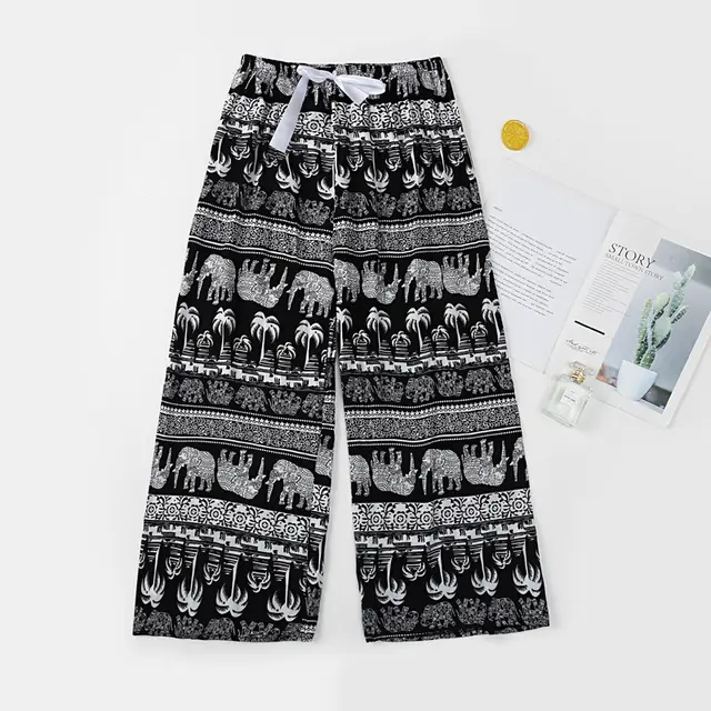 A Women'S Hair Generation Summer Ice Silk Cool Pants Printed Slim Home Pajamas Cotton Silk Nine Point Wide Leg Pants Black Elephant - Shop at LoveMi