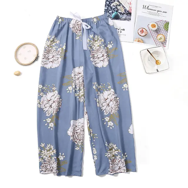 A Women'S Hair Generation Summer Ice Silk Cool Pants Printed Slim Home Pajamas Cotton Silk Nine Point Wide Leg Pants Blue Flower - Shop at LoveMi