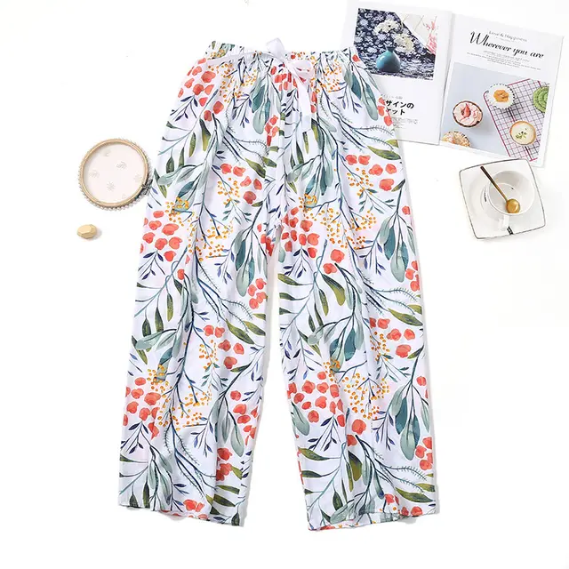 A Women'S Hair Generation Summer Ice Silk Cool Pants Printed Slim Home Pajamas Cotton Silk Nine Point Wide Leg Pants White Leaf - Shop at LoveMi