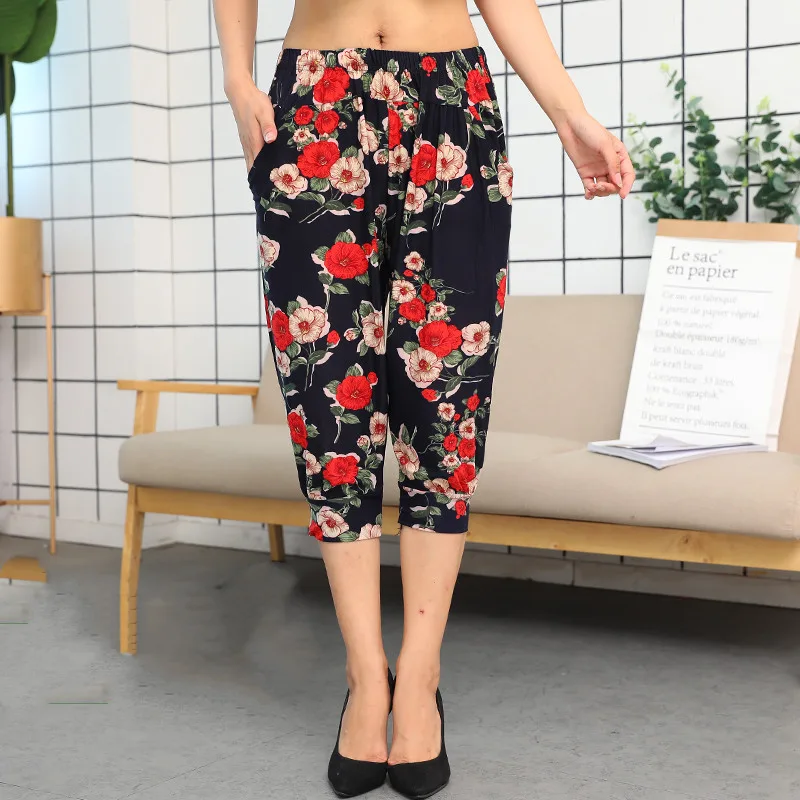 Cage pants printed large size thin ice silk elastic waist mother pants 10 Style One Size - Shop at LoveMi