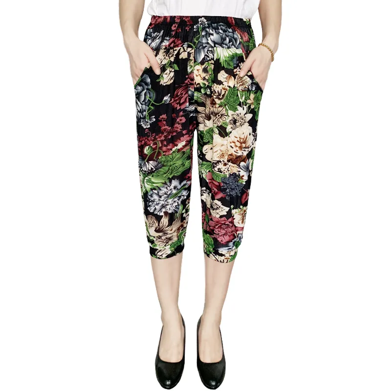 Cage pants printed large size thin ice silk elastic waist mother pants 11 Style One Size - Shop at LoveMi