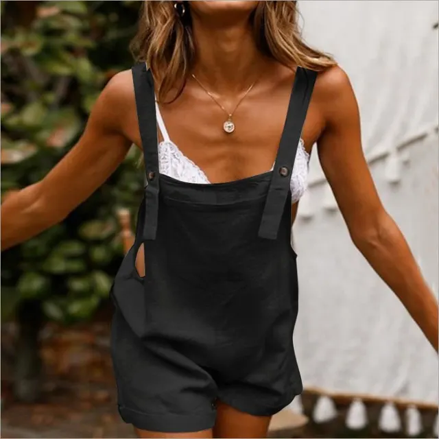 Summer Cross Border New Cotton And Linen New One Piece Strap Solid Color Button Casual Women's Shorts Black - Shop at LoveMi