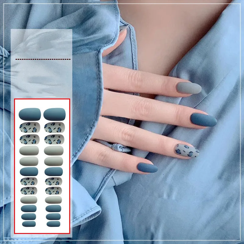 Frosted Blue Leopard Round Head Nail Art Finished Fake Nail Patches Blue - Shop at LoveMi