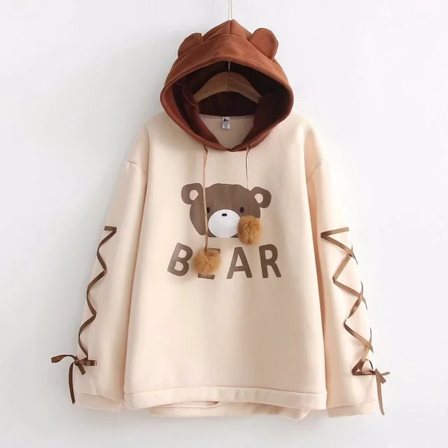 Long Sleeved Hooded Ears Plus Fleece Sweatshirt Khaki - Shop at LoveMi