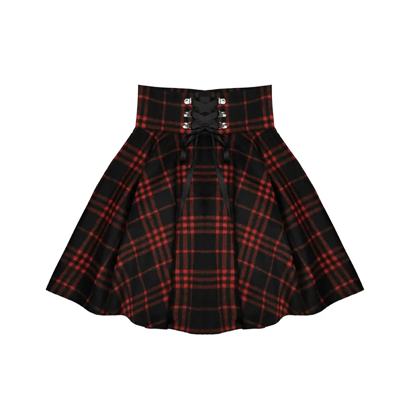 Spring, Autumn And Winter Wide-Waisted Red Plaid Girl Dark Black Skirt Female Woolen High-Waisted Tutu Skirt Ins Wild Tide - Red
