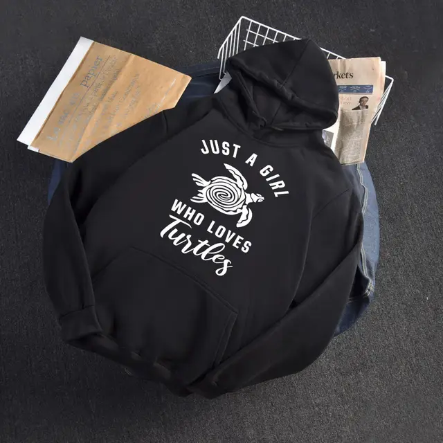 Hooded Sweater Women The Turtle Letter Printed Hoodie Casual Loose Top Black - Shop at LoveMi