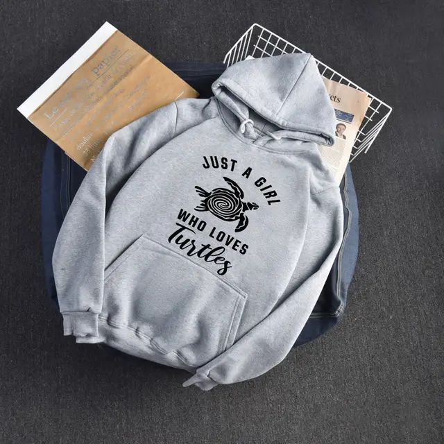 Hooded Sweater Women The Turtle Letter Printed Hoodie Casual Loose Top Grey - Shop at LoveMi