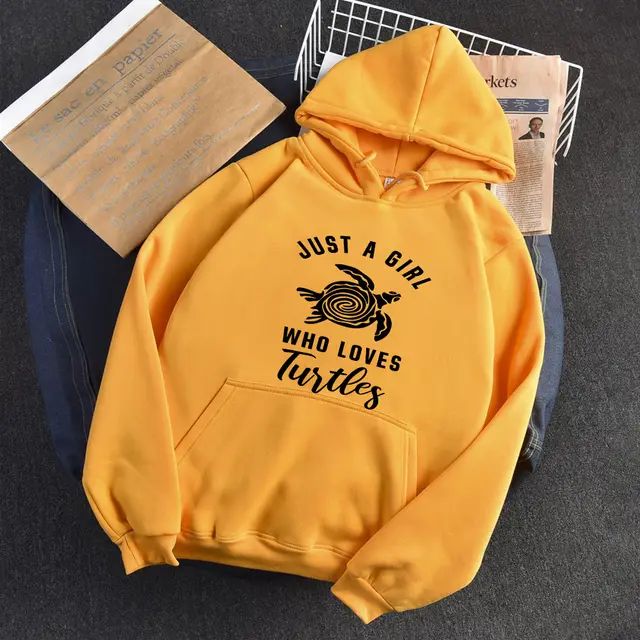 Hooded Sweater Women The Turtle Letter Printed Hoodie Casual Loose Top Yellow - Shop at LoveMi