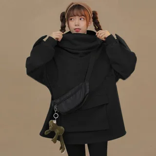 Fleece Sweater Women'S Mid-Length Design Super Cute Frog Hooded Lazy Coat Jacket - Black