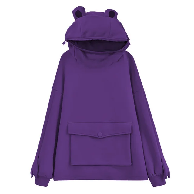 Fleece Sweater Women'S Mid Length Design Super Cute Frog Hooded Lazy Coat Jacket Purple - Shop at LoveMi