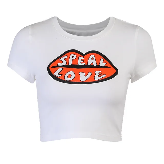 Instahot Trend Personalized Print Round Neck t shirt female European And American Spice Girl Fashion Slim Fit Short White Top White - Shop at LoveMi