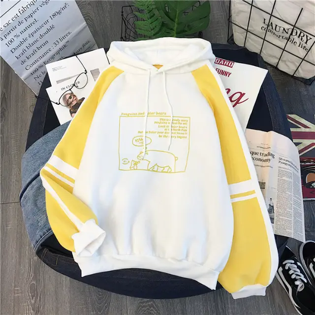 Fashion Casual Plus Velvet Thick Sweater Women's Hoodie Korean Students Loose Casual Color Matching Autumn And Winter Tops Yellow - Shop at LoveMi