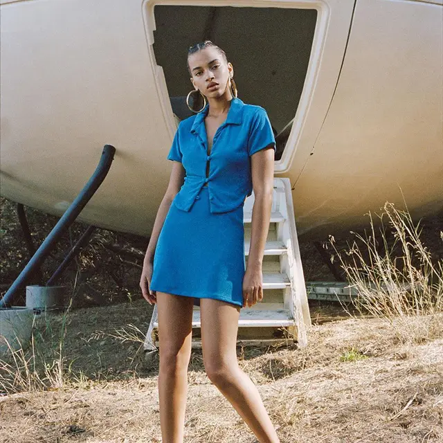 Instahot Polo Collar Hollow Out Short Sleeve T shirt For Women In Europe And America Blue - Shop at LoveMi