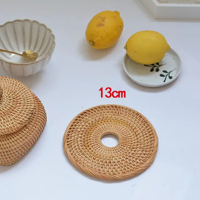 Japanese Style Imported Ins Rattan Meal Tabletop Woven Insulation Pad Round Glass Coaster Homestay Bowl Mat Photo Props Thick Edge Hollow 13 Cm S... Thick Edge Hollow 13 Cm Single - Shop at LoveMi