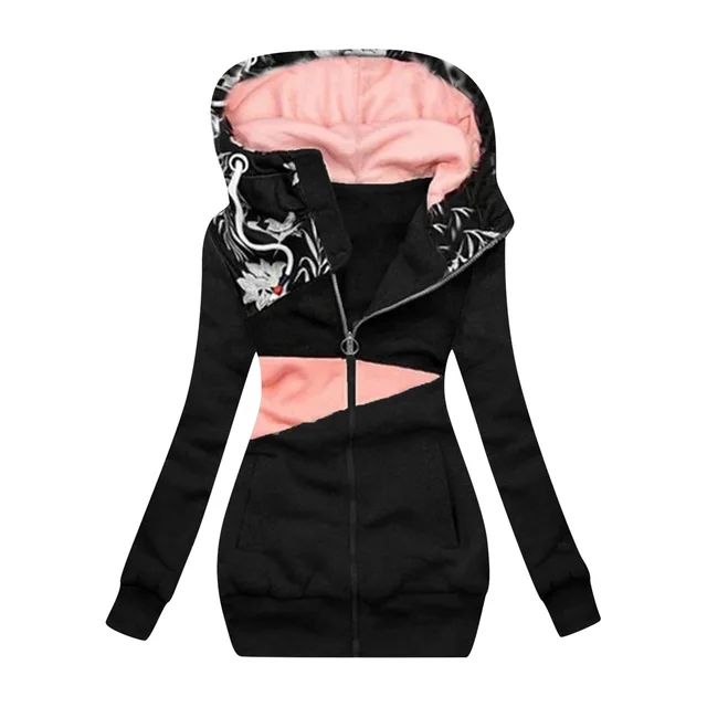 Ladies Sweatshirt Zipper Colorblock Print Hooded Long Sleeve Jacket Black - Shop at LoveMi
