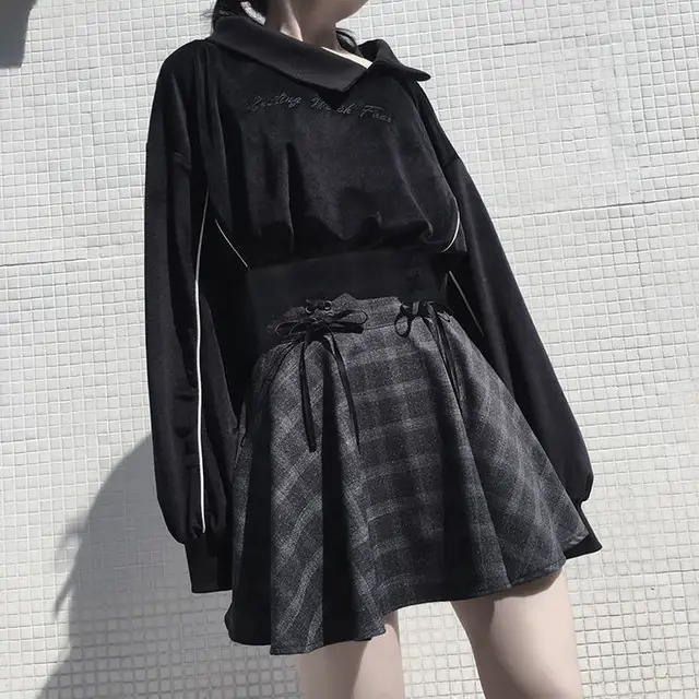 Korean Version Of the High waisted Short, All match A line Umbrella Skirt Dark Gray Grid - Shop at LoveMi
