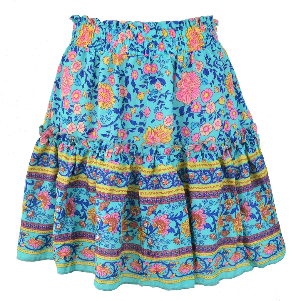 Bohemian Holiday Style Small Cotton Retro Wood Ears Lace Up Small Floral Skirt - Blue