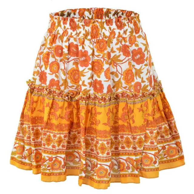 Bohemian Holiday Style Small Cotton Retro Wood Ears Lace Up Small Floral Skirt Orange - Shop at LoveMi