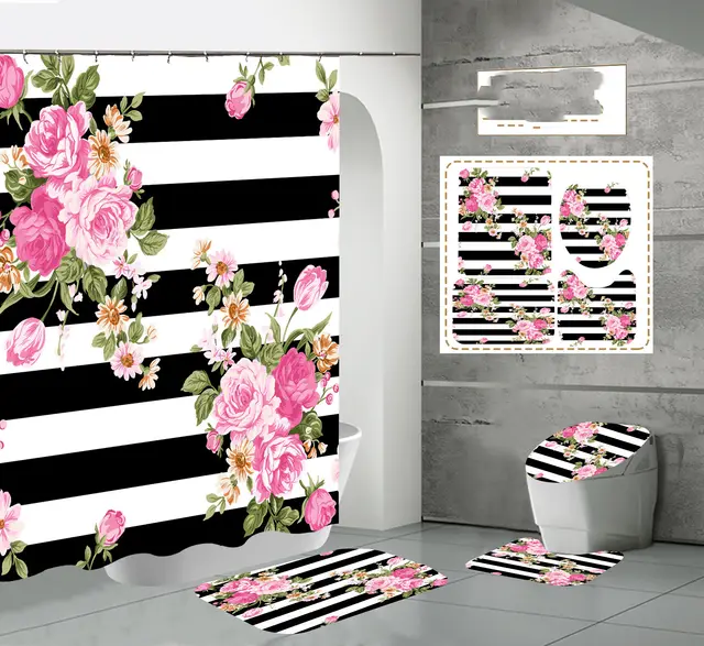 Digital Printing Waterproof Polyester Flower Hygienic Partition Shower Curtain 4Piece Set - Shop at LoveMi