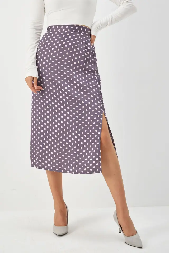 Slim Fit Slit Satin Bread Hip Skirt High Waist Mid Length Zipper Polka Dot Skirt Purple - Shop at LoveMi