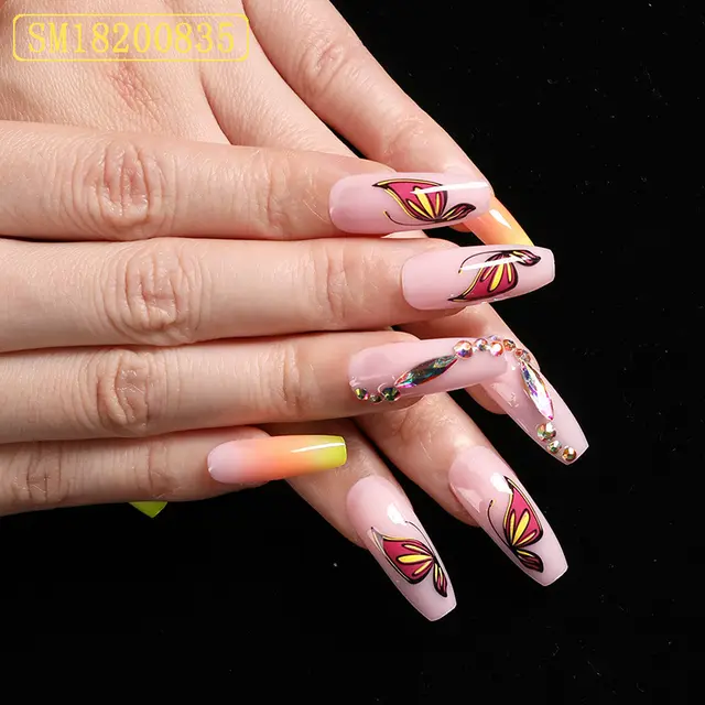 Simple Yellow Gradient Fake Nails Yellow Ballet Shoes Shape Manicure Nail Nail Piece Box Pink - Shop at LoveMi