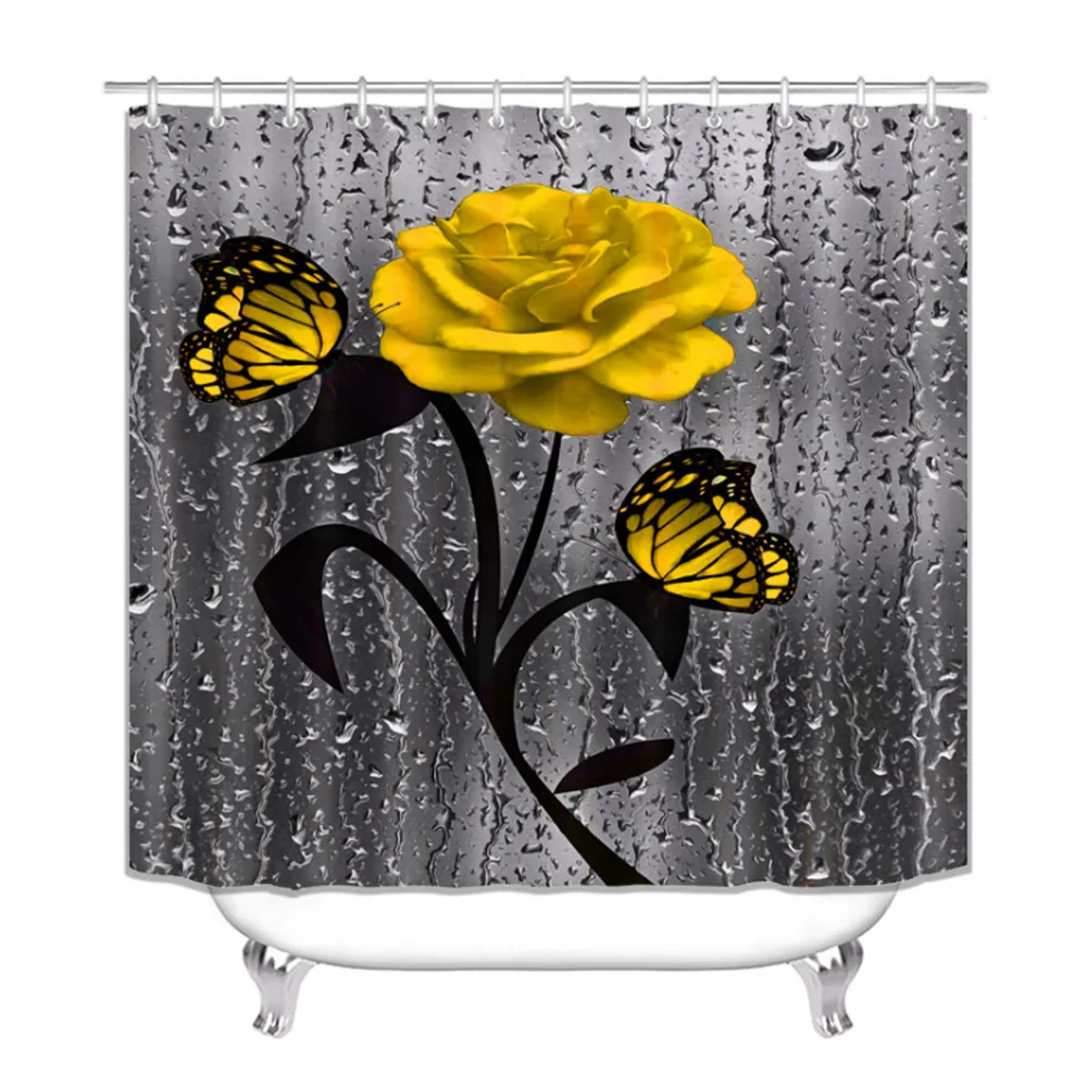 Waterproof Polyester Flower Bathroom Hotel Shower Curtain - Yellow