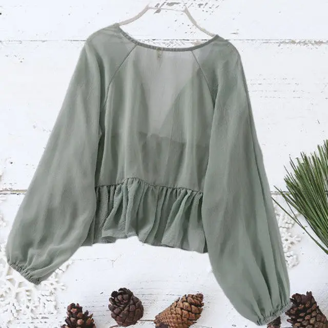 Ruffled Lace up Sun Protection Clothing Cardigan Lantern Long Sleeve Outer Shawl Green - Shop at LoveMi