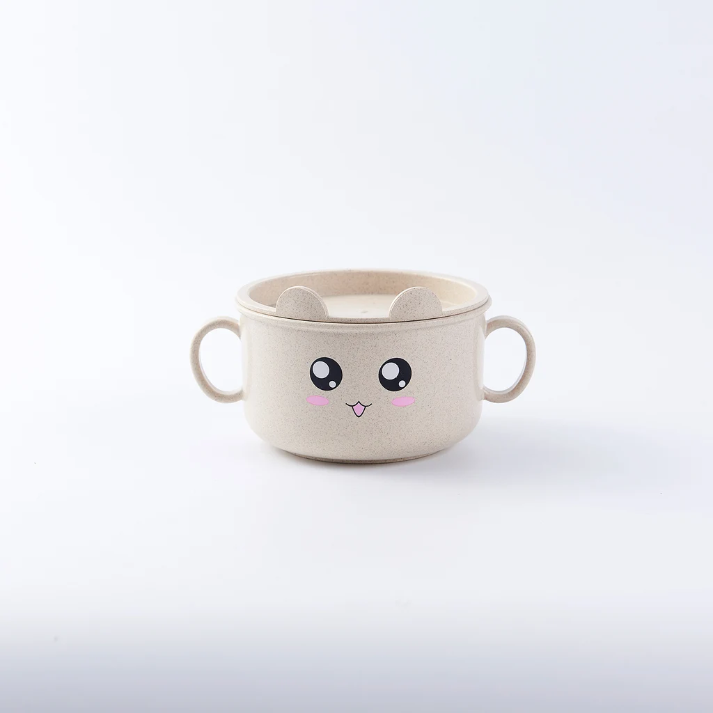 Children'S Three-Dimensional Cartoon Environmental Protection And Safety Infants Anti-Scalding Binaural Wheat Straw Covered Bowl - Beige