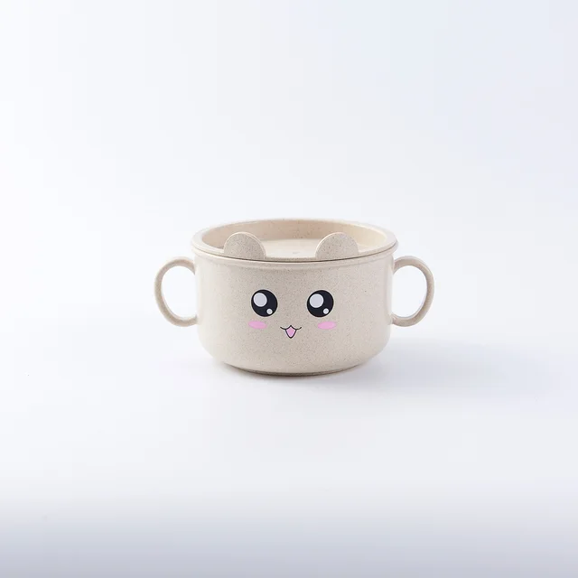 Children'S Three Dimensional Cartoon Environmental Protection And Safety Infants Anti Scalding Binaural Wheat Straw Covered Bowl Beige - Shop at LoveMi