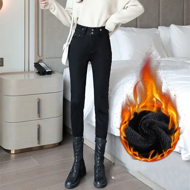 Fleece Pants Women'S Autumn And Winter New High Waist Slim Nine Points Plus Cotton Jeans Warm Leggings Outer Wear Trousers 1 Style - Shop at LoveMi