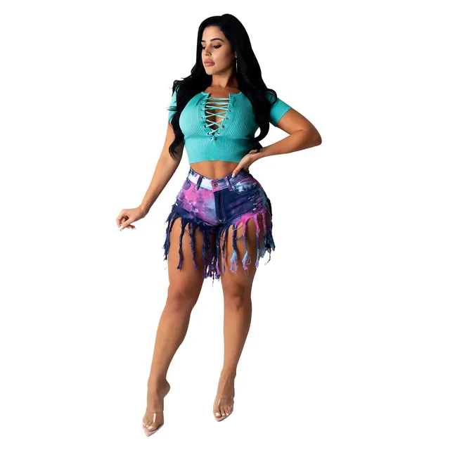 Cross Border European And American Hot Style Fringed Brushed Tie Dye Imitation Denim Shorts Women'S Jeans Casual Pants Purple - Shop at LoveMi