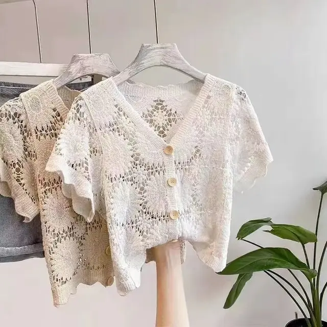 Hook Flower Hollow V neck Scheming Small Shirt Short Fairy Lace Shirt Women White - Shop at LoveMi