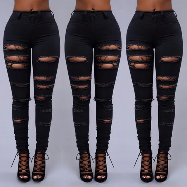Women Casual Hole Jeans High Waist Skinny Pant Pencil Jeans Ripped Sexy Female Girls Trousers Denim Jeans Black - Shop at LoveMi