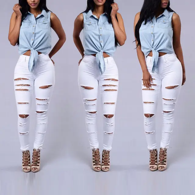 Women Casual Hole Jeans High Waist Skinny Pant Pencil Jeans Ripped Sexy Female Girls Trousers Denim Jeans White - Shop at LoveMi