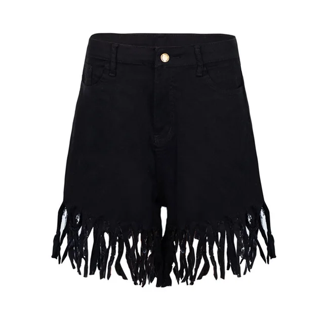 Cross Border Europe And America Fringed Women'S Denim Women'S Shorts Casual Straight Leg Pants Black - Shop at LoveMi