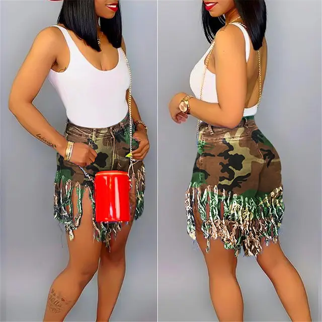 Cross Border Europe And America Fringed Women'S Denim Women'S Shorts Casual Straight Leg Pants Camouflage - Shop at LoveMi