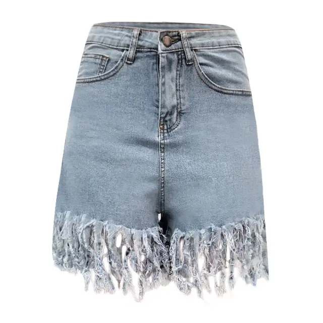 Cross Border Europe And America Fringed Women'S Denim Women'S Shorts Casual Straight Leg Pants Light Blue - Shop at LoveMi