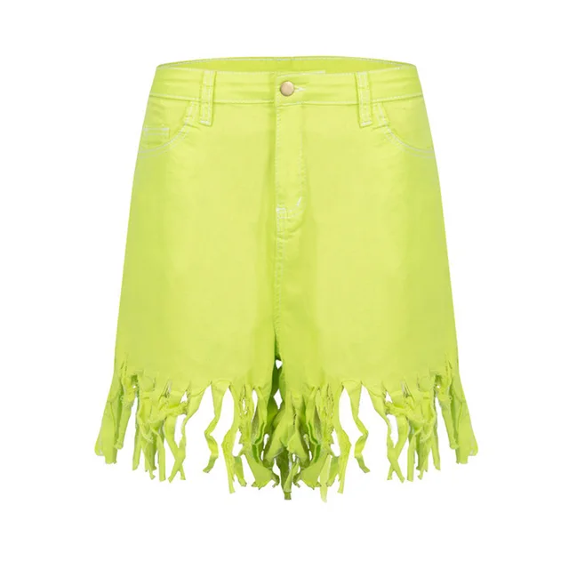 Cross Border Europe And America Fringed Women'S Denim Women'S Shorts Casual Straight Leg Pants Yellow - Shop at LoveMi