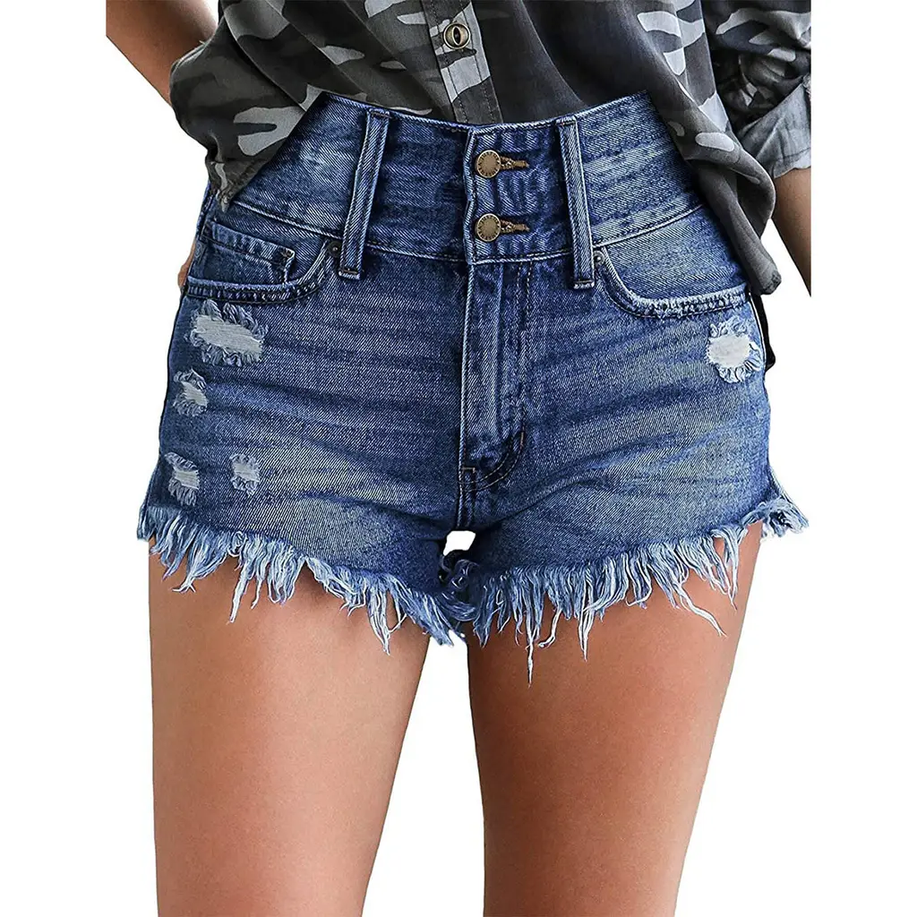 Women's High Waist Slim Fit Denim Shorts With Frayed Edges - Dark Blue