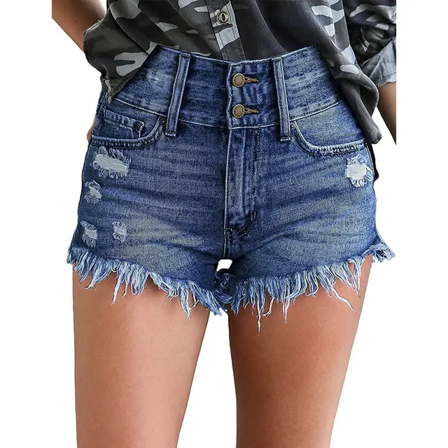 Women's High Waist Slim Fit Denim Shorts With Frayed Edges Dark Blue - Shop at LoveMi