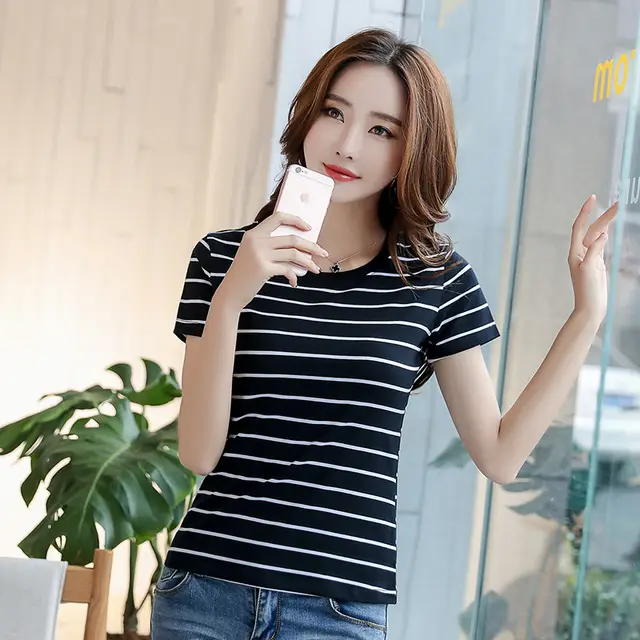 Black And White Striped T shirt Women's Short sleeved Slim Slimming Loose Black - Shop at LoveMi