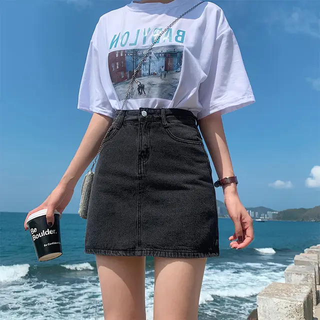Small Black Denim Skirt Female Slim Short Skirt A Line Ins High Waist Skirt Wrapped Hip Skirt Grey - Shop at LoveMi