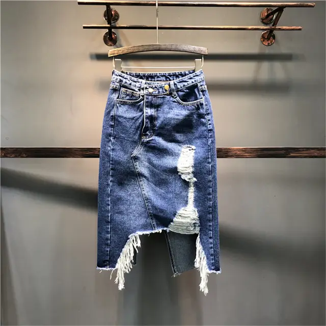A line Skirt Fringed Hole Bag Hip Skirt Dark Blue - Shop at LoveMi