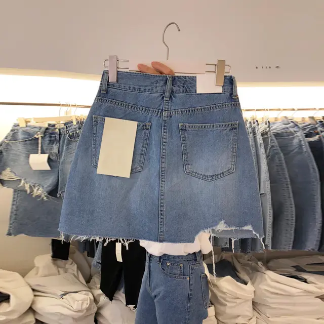 Spring And Summer New Korean Version Of Thin Irregular High Waisted A Line Denim Skirt Blue - Shop at LoveMi